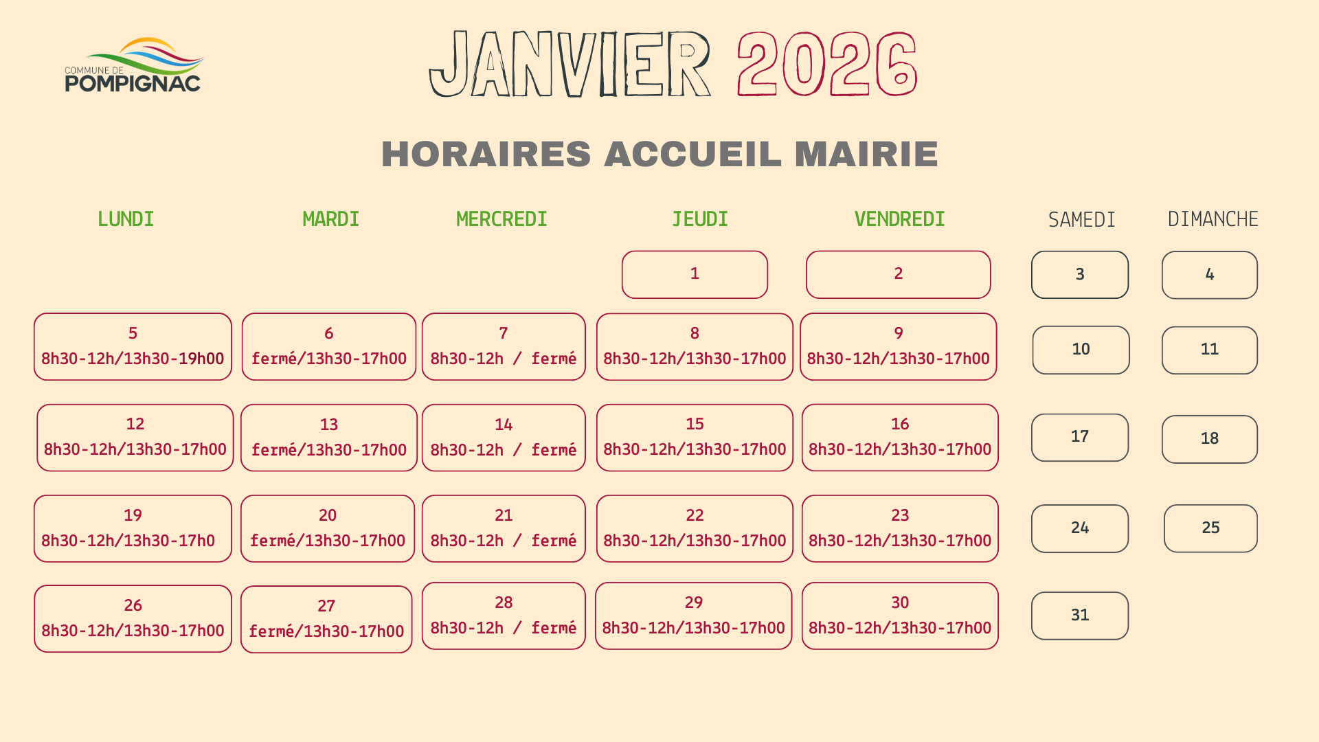 Calendrier janvier 2026 moderne rose et beige 