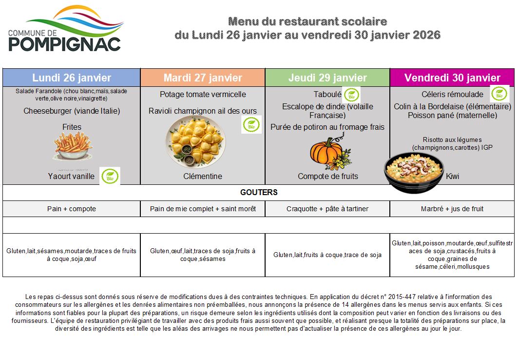 Menu du 26 au 30.01