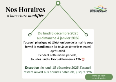 HORAIRES MODIFI&Eacute;S DE LA MAIRIE