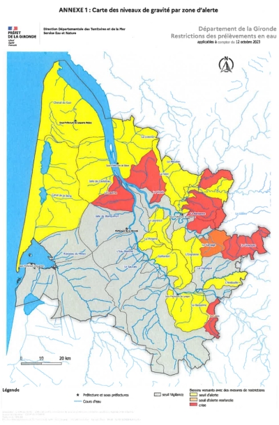 Réglement temporaire des prélèvements et des usages de l'eau en Gironde - Arrêté préfectoral du 28 septembre 2023